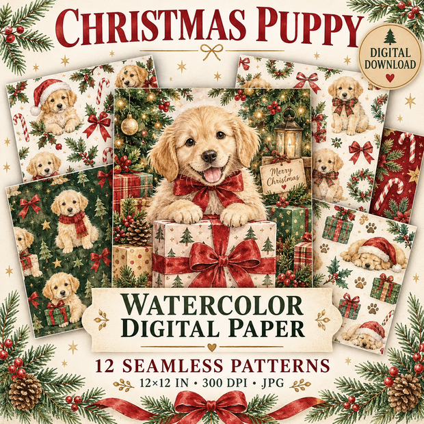クリスマス子犬 水彩デジタルペーパー12柄｜Christmas Puppy｜シームレス背景素材・商用利用OK