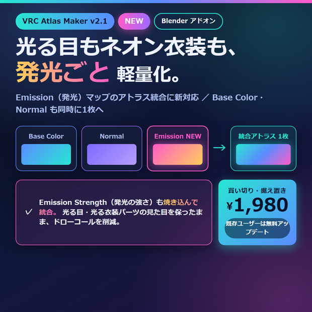 VRChat軽量化 マテリアル結合＆アトラス化アドオン｜法線＋Emission(発光)マップも1枚に・Blenderだけで完結 VRC Atlas Maker v2.1