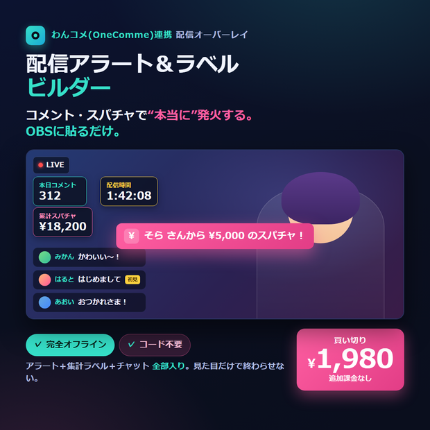 わんコメ連携 配信アラート＆ラベル ビルダー｜OBSに貼るだけ・コード不要