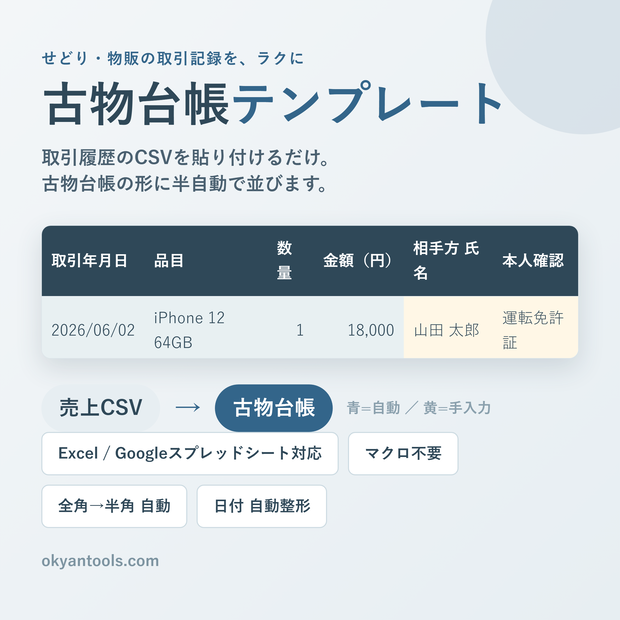 古物台帳テンプレート｜せどり・物販の取引記録をCSV貼り付けで半自動（Excel/Googleスプレッドシート対応・マクロ不要）