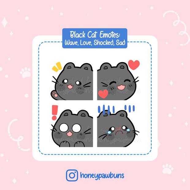 Black Cat Twitch Emotes: Greeting, Heart, Suprise, Sad