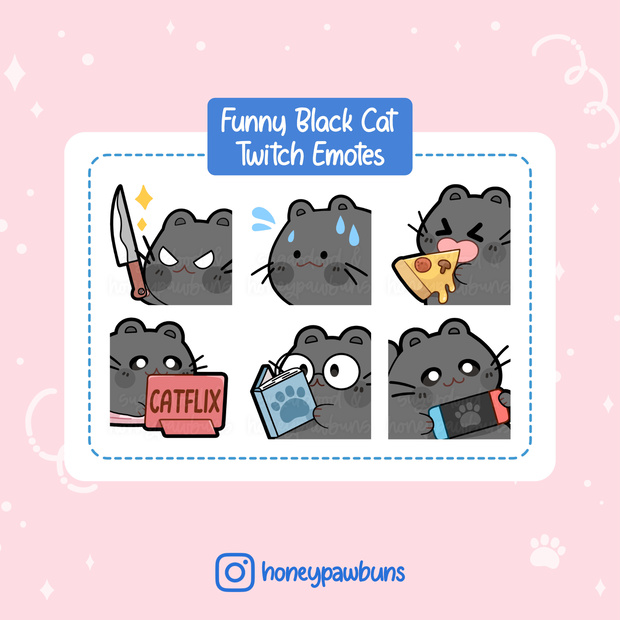 Black Cat Emotes: Knife, Sweat, Pizza, Catflix, Reading, Gaming