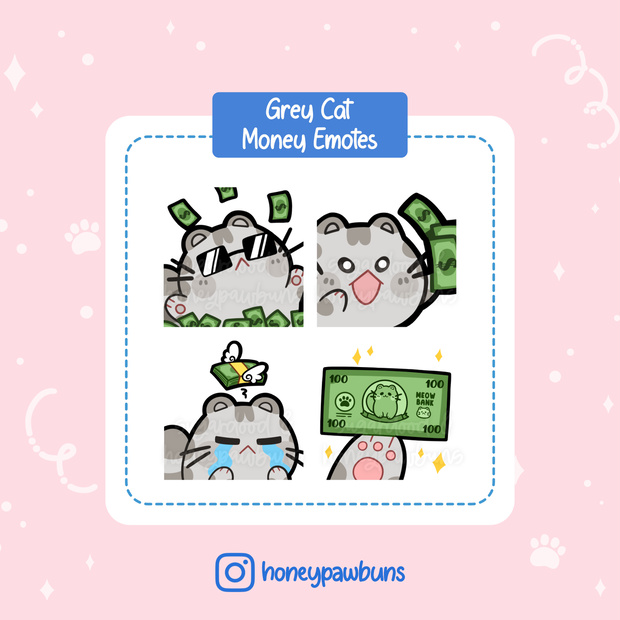Grey Cat Emotes: Cah Shower, Take My Money, Broke, Dollar