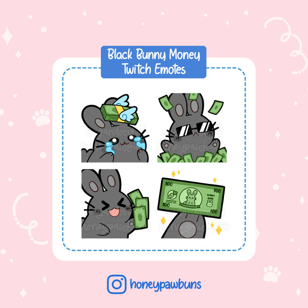 Black Bunny Money Twitch Emotes: Broke, Cash Shower, Take My Money ,Dollar