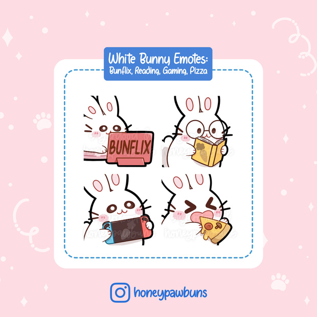 Bunny Twitch Emotes: Bunflix, Reading, Gaming, Pizza