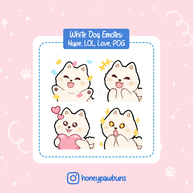 White Dog Twitch Emotes: Hype, LOL, Love, POG