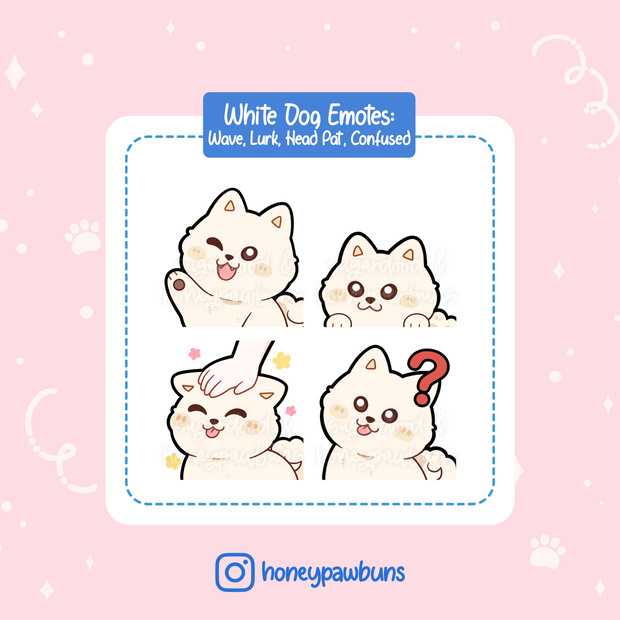 White Dog Twitch Emotes: Wave, Lurk, Head Pat, Confused