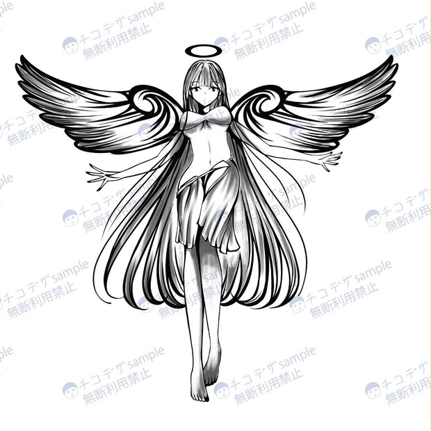 天使の線画タトゥーイラスト 高解像度png -  119