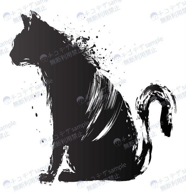 猫の横向き墨絵シルエット-その2- 和風の水墨画マーク黒・白 - 高解像度png or ai(ベクター)
