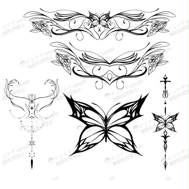 Flos et Papilio - 蝶々と花の線画タトゥー - vroidテクスチャとpng