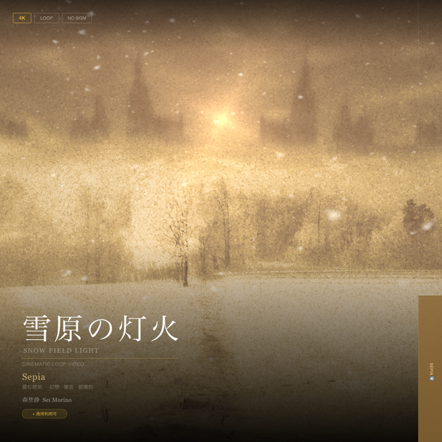 【動画素材】雪原の灯火 シネマチックループ背景 Sepia ver ｜霞む琥珀・幻想・懐古｜Snow ver・Fog ver 2バリエーション ｜4K＋1080p｜ココフォリア・VTuber歌枠・TRPG対応 【30秒シームレスループ / 音声なし / 商用利用可】