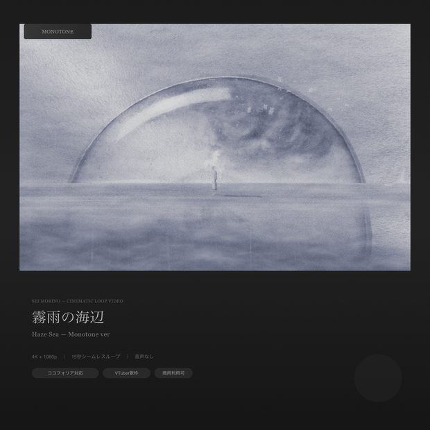 【動画素材】霧雨の海辺 / Haze Sea シネマチックループ背景 Monotone ver ｜海辺・霧・雨｜オブジェあり・なし両バージョン収録 ｜4K＋1080p｜ココフォリア・VTuber歌枠・OBS対応 【シームレスループ / 音声なし / 商用利用可】