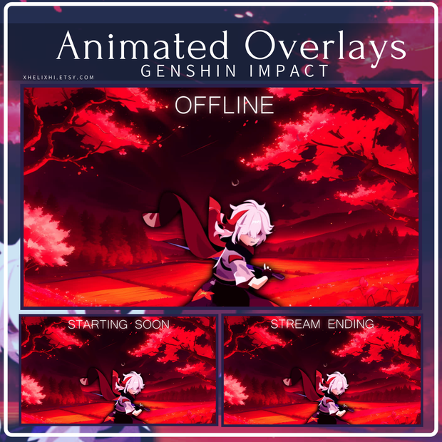 BLACK - RED - Genshin Impact Anime Animated Screen Overlays  / Starting Soon / Be Right Back / Offline / Stream Ending / Twitch / Youtube