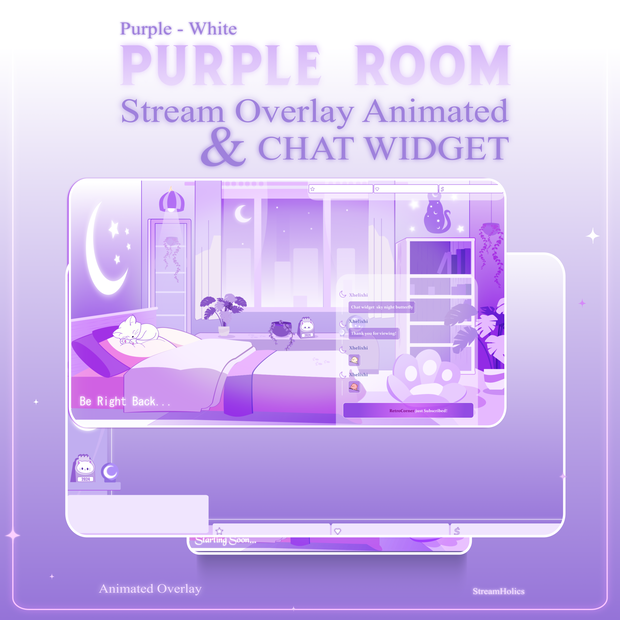 PURPLE ROOM Stream Overlay Animated Pack, Stream Overlay Animated Pack, Cute Purple Overlay Animated, Cute Room Kitty Overlay, Starting Soon