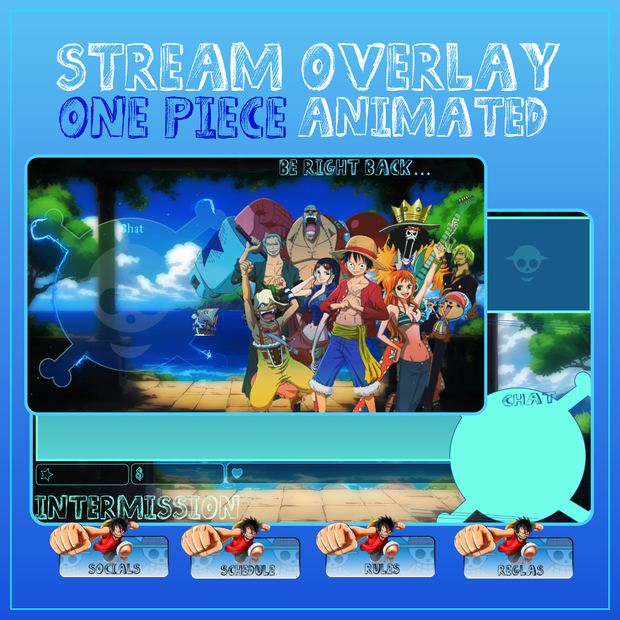 One Piece Stream overlay animated pack, One piece stream pack, Anime Luffy Overlay, One piece Crew overlay, Anime stream overlay pack