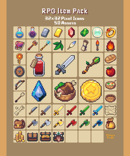RPGアイテム素材（RPG Item Pack）32x32 Pixel Icons｜50点セット