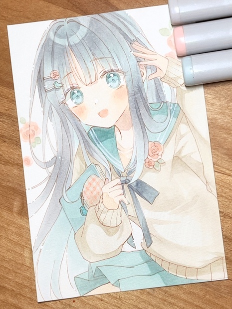 手描きイラスト　水彩原画　青色瞳の女の子162