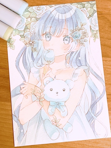 手描きイラスト 水彩原画 青色瞳の女の子141 - アート・写真