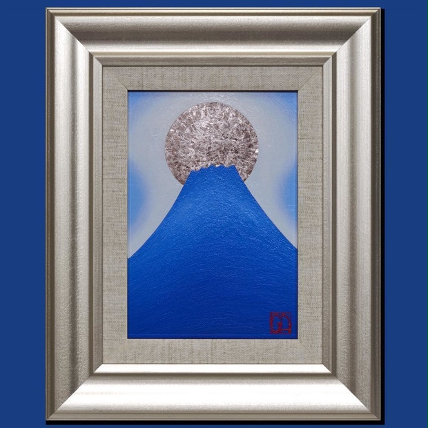 『青嶺円照』●SM油彩額付タテ36.3cm銀シルバー満月富士山がんどうあつし油絵 青嶺円照』○SM油彩額付タテ36.3cm銀プラチナシルバー満月富士山
