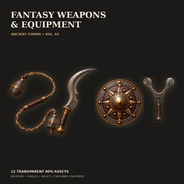 ファンタジー武器・装備素材集 — Ancient Forms Vol. 01（透過PNG 12点）