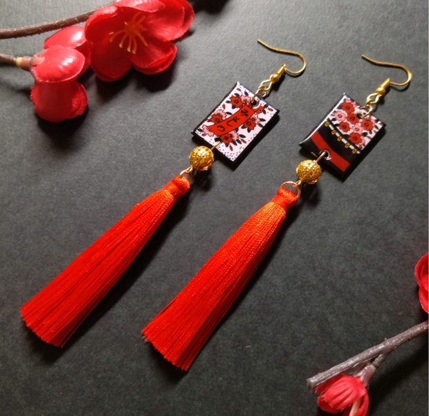 花札&タッセルピアス（桜）(イヤリング)【和ゴス】【和装】【着物