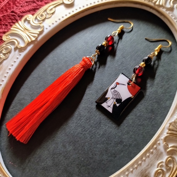 花札&タッセルピアス(イヤリング)(鶴)【和ゴス】【和装】【着物