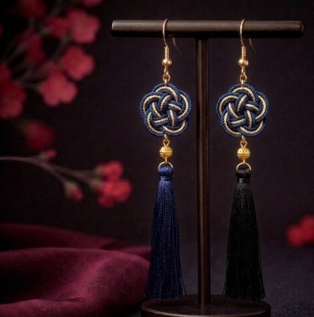 ☆❤️ 水引　イヤリング　梅結び　　和装　　タッセル　ピアス　着物 和風】梅結びとタッセルのピアス（イヤリング）（色オーダー可