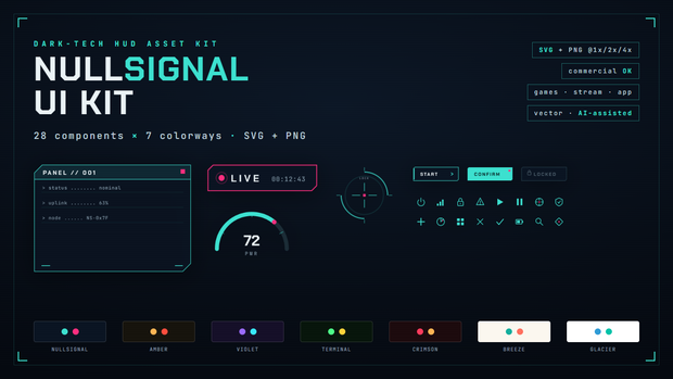 【7色展開】ダークテックUI/HUD素材キット NULLSIGNAL(ゲーム/配信/アプリ・SVG+PNG・商用可)