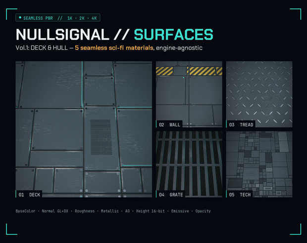 【継ぎ目なし・4K】Sci-Fi PBRテクスチャ SURFACES Vol.1(5素材/Unity・Godot・Unreal・Blender・VRChat・商用可)