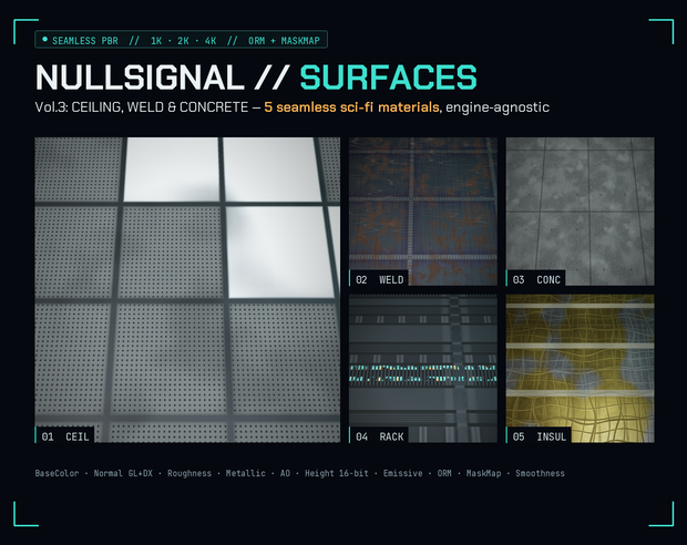【継ぎ目なし・4K】Sci-Fi PBRテクスチャ SURFACES Vol.3 天井・溶接・コンクリート(5素材/Unity・Godot・Unreal・Blender・VRChat・商用可)