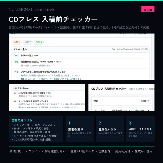 CDプレス 入稿前チェッカー｜音源(WAV)と印刷データを出す前に自分で見る【HTML1枚・オフライン】