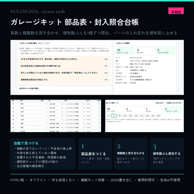 ガレージキット 部品表・封入照合台帳｜員数と複製数を突き合わせて封入ミスを止める