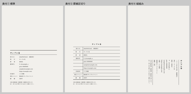 【無料】同人誌 奥付テンプレセット お試し版(PNG3点・A5・サンプル画像)
