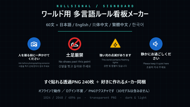 【VRChat】ワールド用 多言語ルール看板メーカー｜注意書き・禁止事項の透過PNGテクスチャ240枚＋ジェネレーター（日英中韓5言語・絵記号60種）