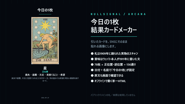 今日の1枚 タロット結果カードメーカー｜1909年の実物スキャン78枚＋ウェイト原典の意味でSNS用画像を作るオフラインHTML