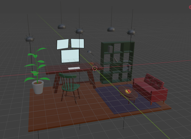 【unitypackage、fbx】部屋（モニター・キーボード・椅子・机・ライト・本棚・ソファ・フルーツ・植物）