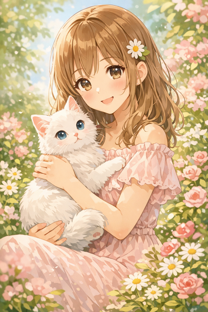 春と白猫と女の子