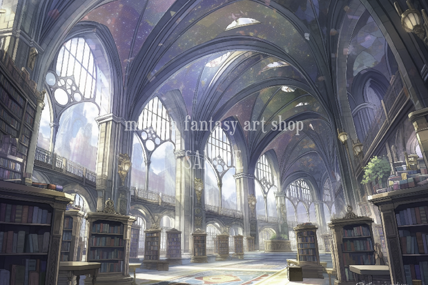 ファンタジー世界の壮大なプリズム図書館-背景素材