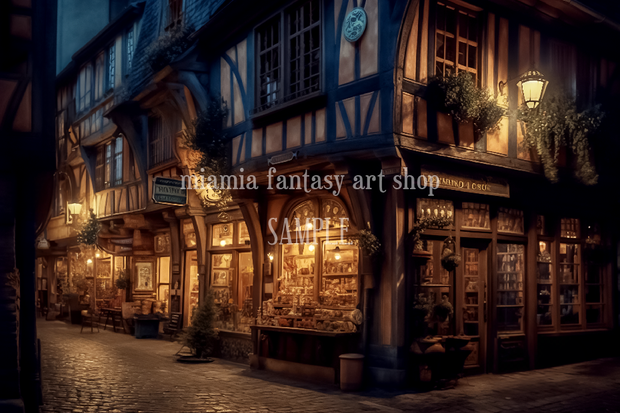 ファンタジー世界の夜の商店街の街角のイメージ素材