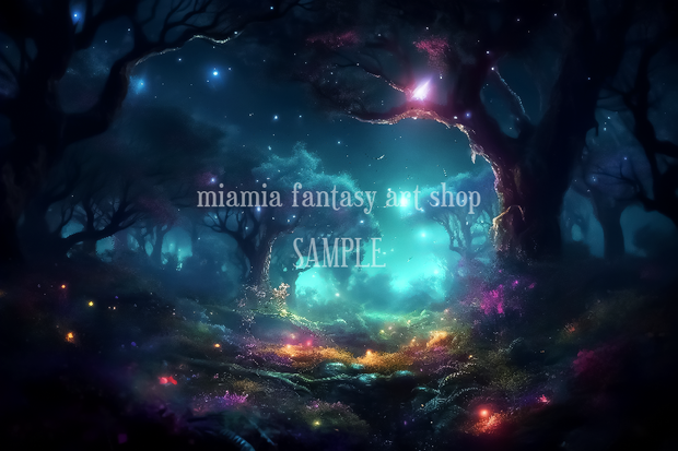 不思議な森の夜の風景~ファンタジーイメージ素材