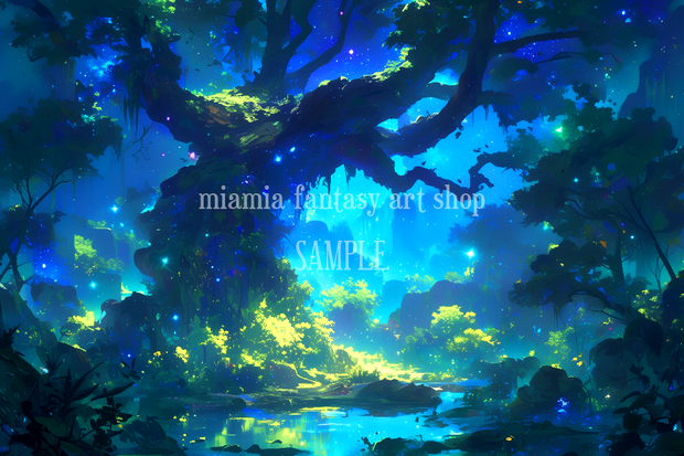 ファンタジー世界の森林と湖の夜〜背景素材