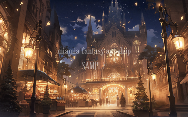 ファンタジー世界の賑やかな夜の城下町のイメージ背景素材