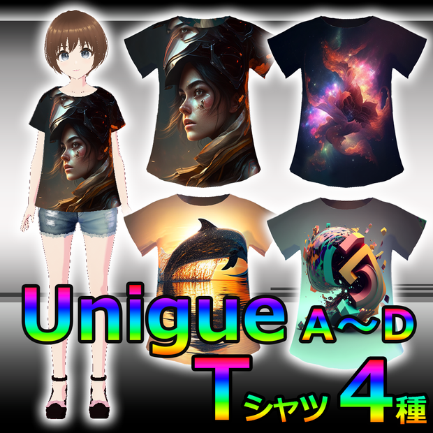 【UniqueTシャツ】Vroid3Dキャラ用（A～Dタイプ）