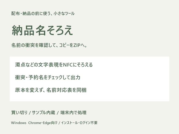 納品名そろえ｜NFC正規化・名前衝突確認付きコピーZIP