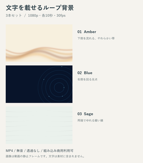 文字を載せるループ背景 3本セット｜1080p・各10秒・商用利用可
