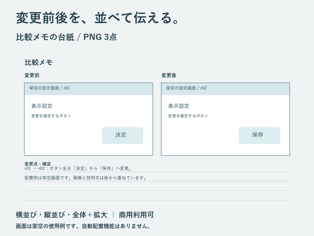 比較メモの台紙｜変更前後・全体と拡大を並べるPNG3点