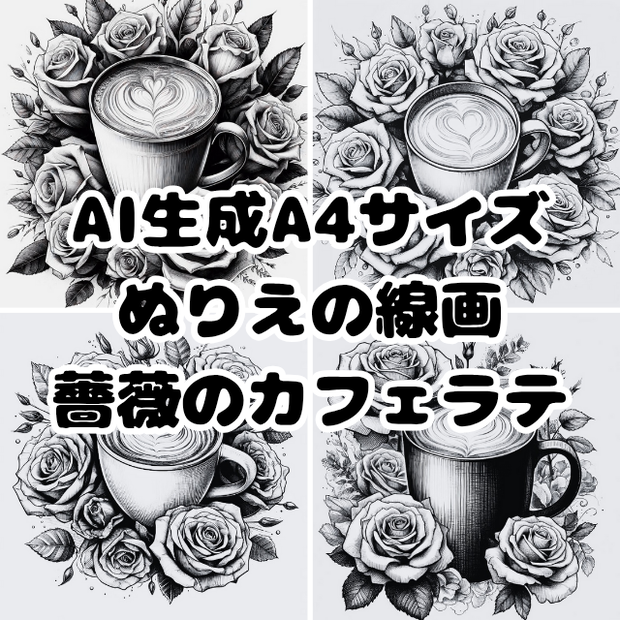 AI生成ぬりえ線画「薔薇とカフェラテ」