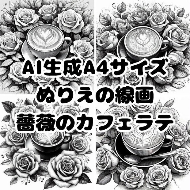 AI生成ぬりえ画像「薔薇とコーヒー」