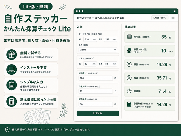 自作ステッカー かんたん採算チェック Lite｜無料版