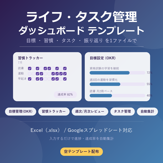  【入力するだけで自動集計】ライフ・タスク管理ダッシュボード エクセルテンプレート